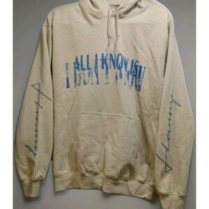 Harry Hudson All I Know Hoodie Men’s Medium Beige Blue Graphic Double Sided